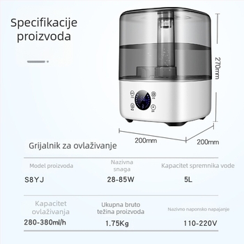 Zagrijavajući ovlaživač za dom i ured, s velikom kapacitetom, konstantnom vlagom i pročišćavanjem zraka