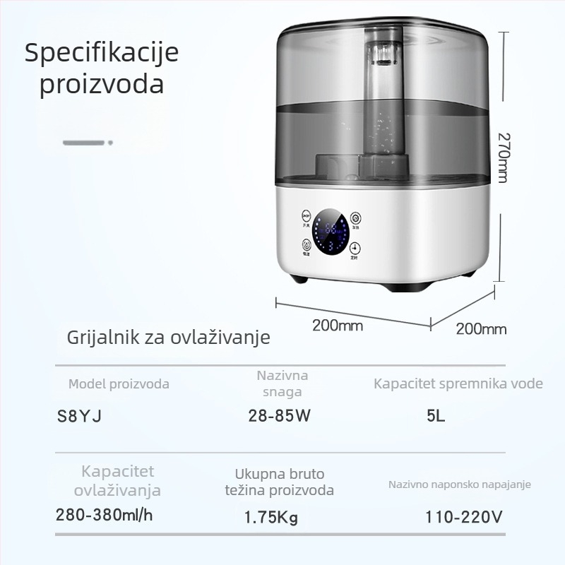 Zagrijavajući ovlaživač za dom i ured, s velikom kapacitetom, konstantnom vlagom i pročišćavanjem zraka