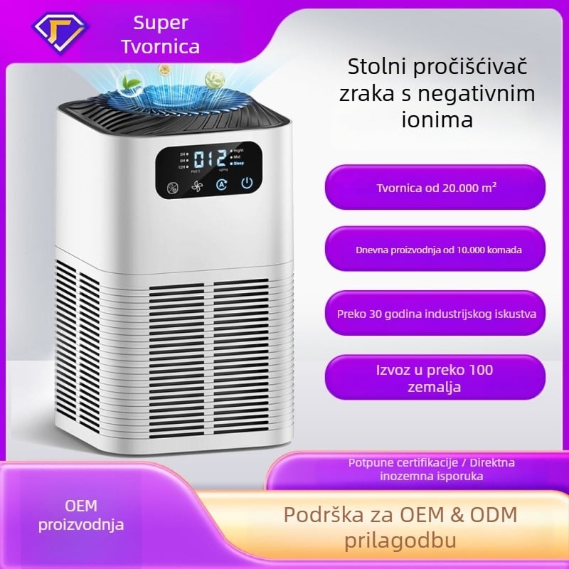Stolni pročišćivač zraka s aromaterapijom i negativnim jonima, PM2.5 zaslon, pokrivenost 21-30 m², 3-slojni filter (HEPA + aktivni ugljen), DC 12V