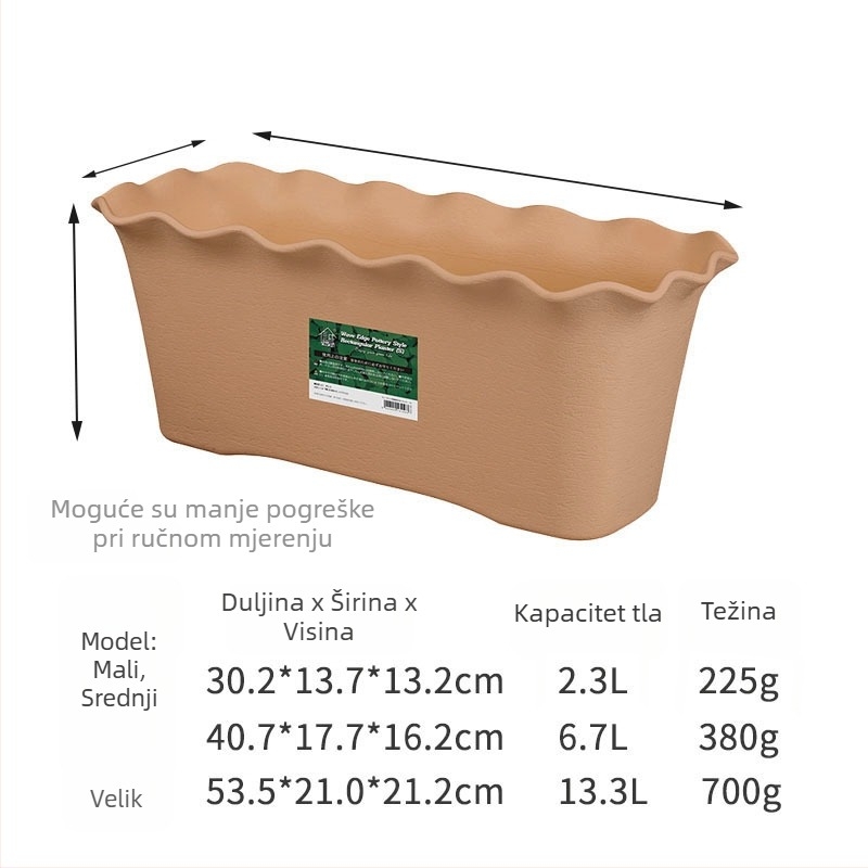 Pravokutni cvjetnjak s valovitim rubom, plastični, injekcijsko prešana PP smola, za stol ili pod, jednostavan dizajn