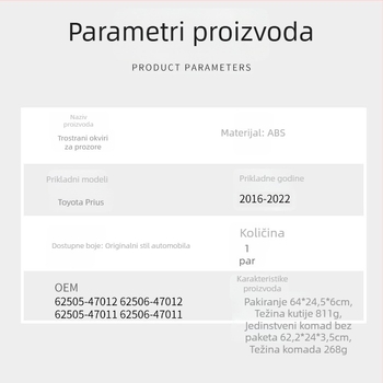 Zadnji trokutiasti okvir prozora Toyota Prius 2016–2022 – ABS materijal, modeli 62505-47012, 62506-47012, 62505-47011, 62506-47011