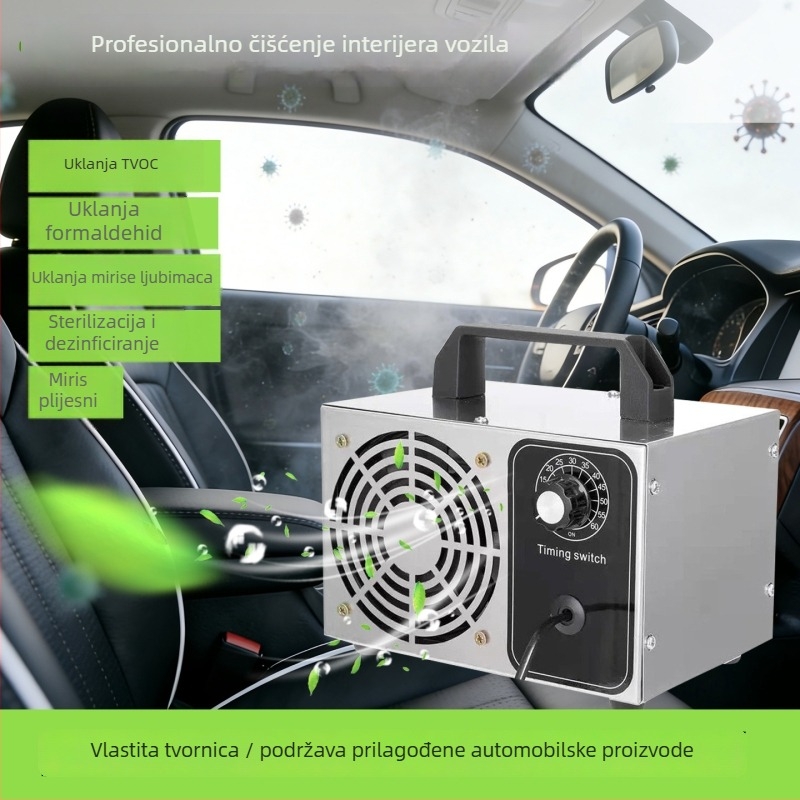Ozon generator za dom i vozilo — pročišćavanje zraka, uklanjanje mirisa, formaldehida i dima; načelo rada: ozon; protok zraka 51–150 m3/h; buka < 36 dB; napajanje iz utičnice; upravljanje gumbom; bez montaže