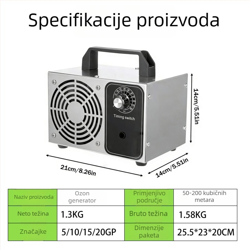 Ozon generator za dom i vozilo — pročišćavanje zraka, uklanjanje mirisa, formaldehida i dima; načelo rada: ozon; protok zraka 51–150 m3/h; buka < 36 dB; napajanje iz utičnice; upravljanje gumbom; bez montaže