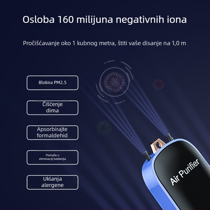 Narukvica USB pročišćivač zraka s negativnim ionima – prenosni, niska buka, protok zraka 50 m³/h, pogodan za prostorije do 10 m²