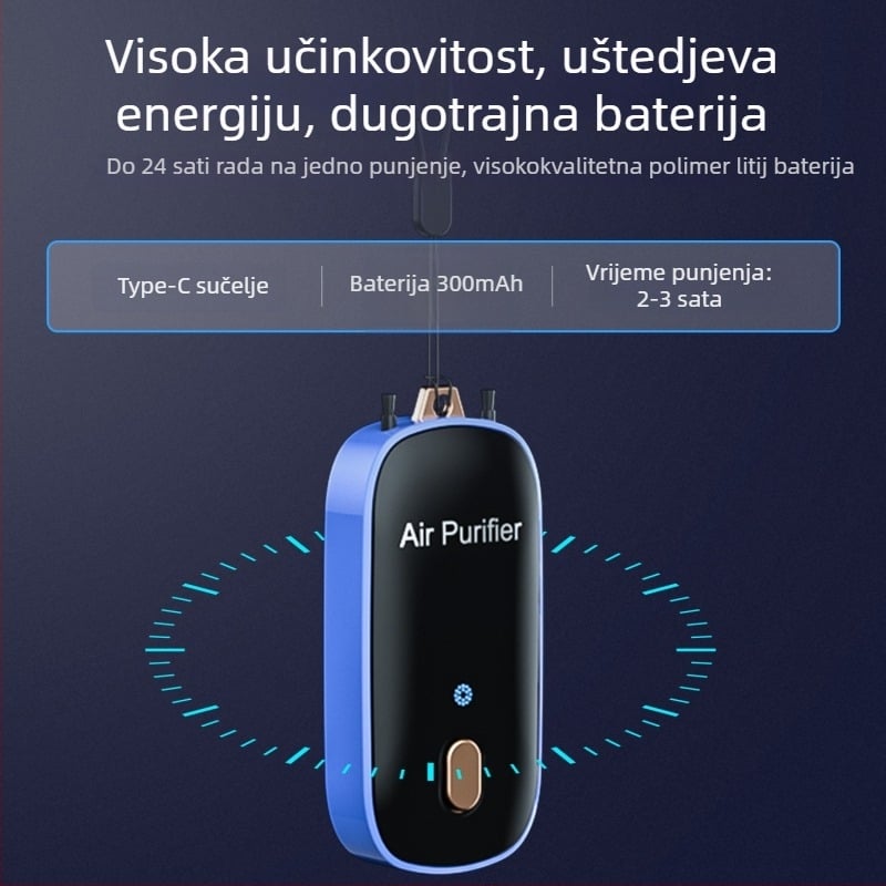 Narukvica USB pročišćivač zraka s negativnim ionima – prenosni, niska buka, protok zraka 50 m³/h, pogodan za prostorije do 10 m²