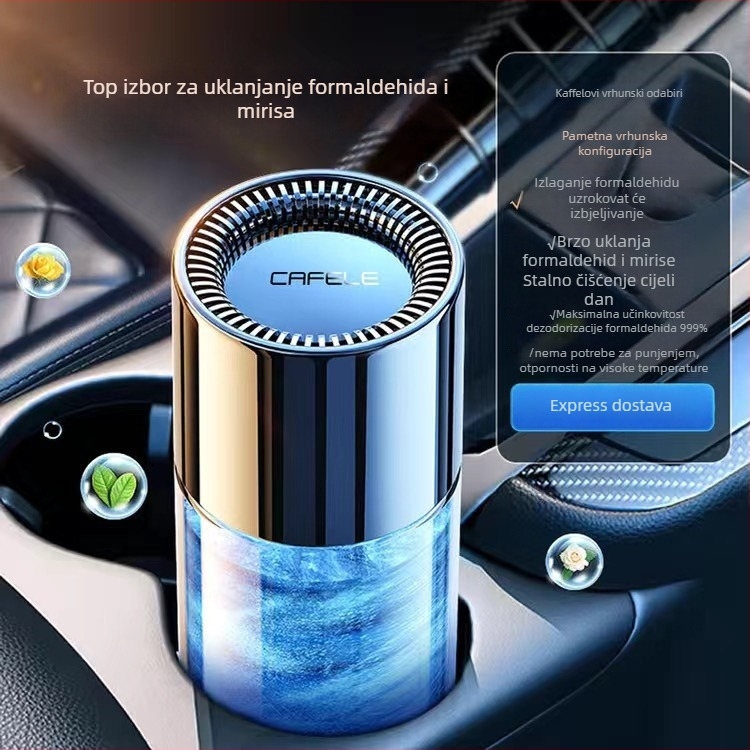 Cafele automobilski pročišćivač zraka i odstranjivač formaldehida s pastom za miris — za korištenje u vozilu, tišina ispod 36 dB, protok zraka 50 m³/h, upravljanje gumbom, pokriće 11–20 m², Energetska klasa 1