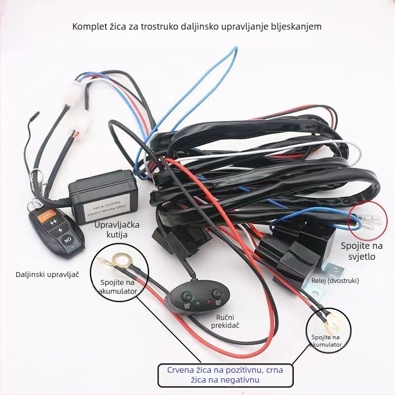 Automobilski LED reflektor s bežičnim daljinskim upravljačem i strobe načinom, kabel za prekidač upaljača i dugi kabel za prekidač LED trake (12V/24V)
