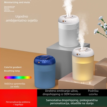 Ovlaživač zraka s aromaterapijom i pročišćavanjem zraka, USB napajanje, kapacitet spremnika 1,0–2,5 L, za prostorije do 10 m², 2 izlaza magle, timer >8 sati