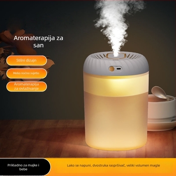 Ovlaživač zraka s aromaterapijom i pročišćavanjem zraka, USB napajanje, kapacitet spremnika 1,0–2,5 L, za prostorije do 10 m², 2 izlaza magle, timer >8 sati