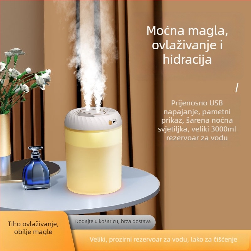 Ovlaživač zraka s aromaterapijom i pročišćavanjem zraka, USB napajanje, kapacitet spremnika 1,0–2,5 L, za prostorije do 10 m², 2 izlaza magle, timer >8 sati