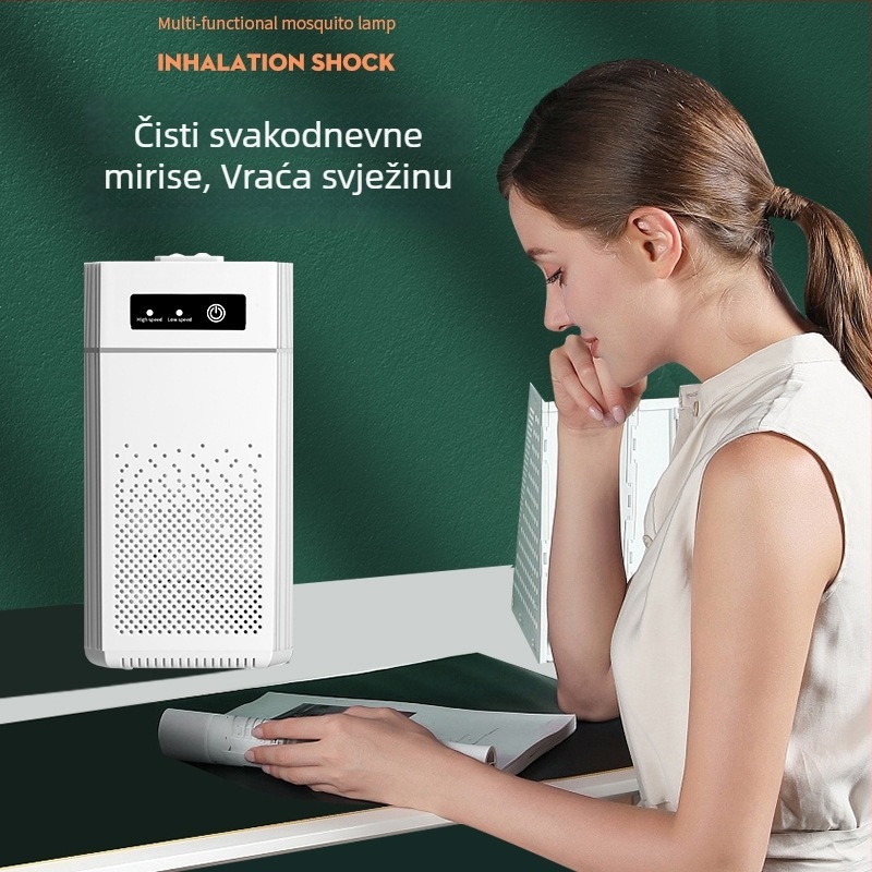 Zračni pročišivač s negativnim ionima i dezinfekcijom; protok zraka 50 m³/h, buka <36 dB, USB napajanje, pokriće 21–30 m²