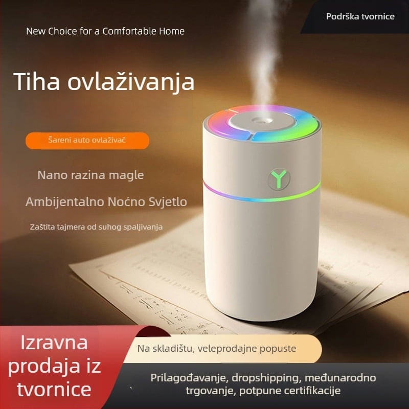 USB ultrazvučni ovlaživač za automobil – kompaktni pročišćivač zraka i aromaterapija (0,5 L spremnik; 1 izlaz magle; tajmer 2–8 sati; 2 W; USB napajanje)