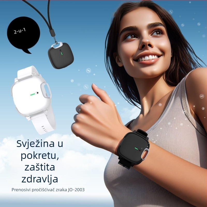 Nosi čistač zraka s negativnim ionima — uklanja mirise i PM2.5, tih (<36 dB), protok zraka 50 m3/h, napajanje baterijom, može se nositi na zapešću ili vratu
