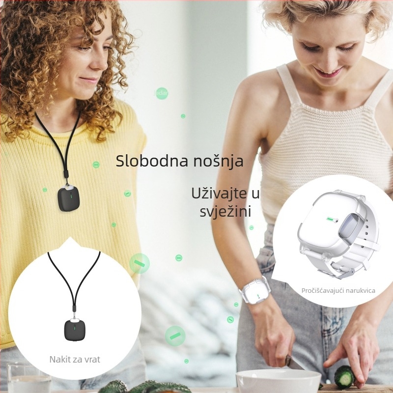 Nosi čistač zraka s negativnim ionima — uklanja mirise i PM2.5, tih (<36 dB), protok zraka 50 m3/h, napajanje baterijom, može se nositi na zapešću ili vratu