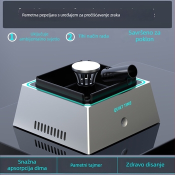 Stolni pametni pepelnjak s negativnim ionima – uklanja mirise i dim (buka <36 dB; protok zraka 50 m³/h; USB napajanje; kontrola gumbom; pogodno za kućnu upotrebu do 10 m²)