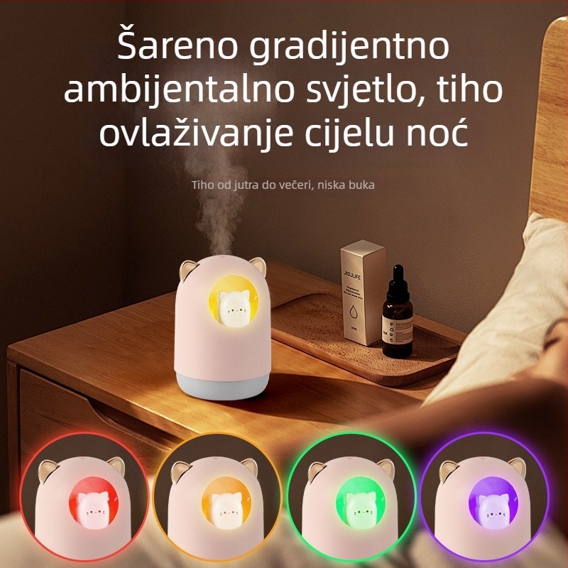 Stolni ovlaživač zraka s aromaterapijom i pročišćavanjem zraka, oblik životinje, USB napajanje, tiho noćno svjetlo, model 205; pogodan za prostore do 10 m²; spremnik 0,5 L; 1 izlaz magle; buka ispod 36 dB