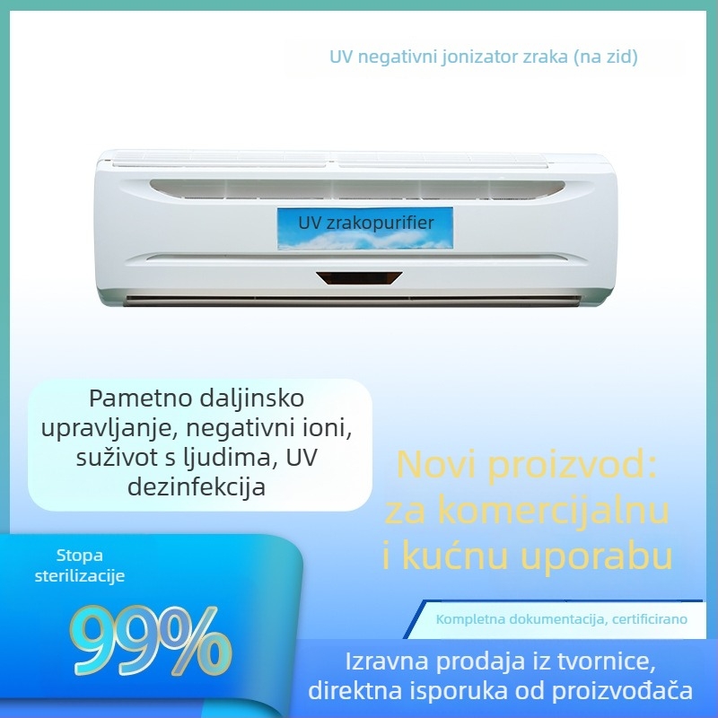 UV uređaj za dezinfekciju zraka, zidni montažni, pokriće 61 m²+, UV zračenje i negativni ioni, niski šum do 36 dB, napajanje iz utičnice, komercijalna uporaba