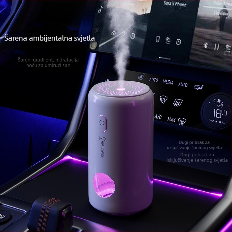 Mini automobilni ovlaživač zraka i pročišćivač zraka, USB napajanje, model S05, 1 izlaz za maglu, kapacitet spremnika ≤0,5 L, buka <36 dB, 3W, tajmer 2–8 sati