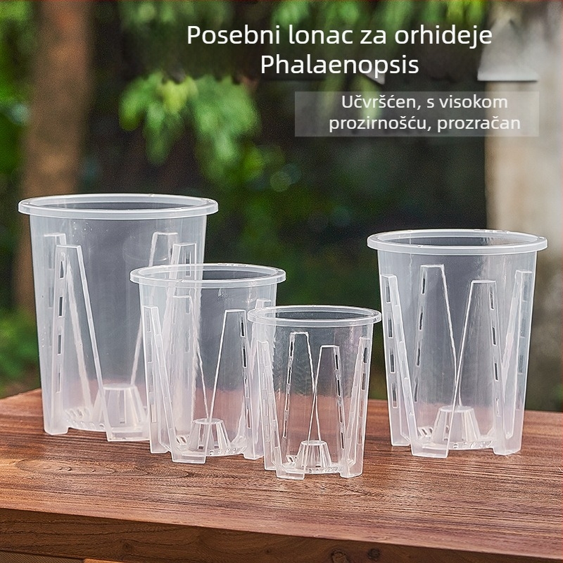 Lonac za orhideje s kontrolom korijena, proziran plastični, prozračan (izrađen injekcijskim oblikovanjem) – za zid, stol, pod ili za vješanje