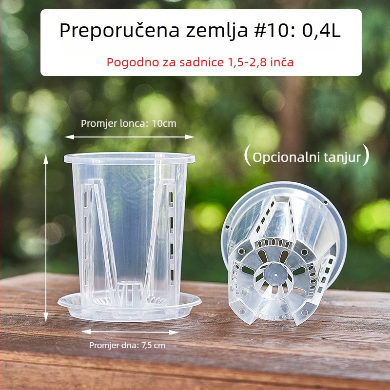 Lonac za orhideje s kontrolom korijena, proziran plastični, prozračan (izrađen injekcijskim oblikovanjem) – za zid, stol, pod ili za vješanje