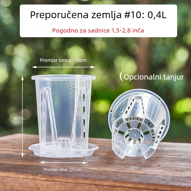 Lonac za orhideje s kontrolom korijena, proziran plastični, prozračan (izrađen injekcijskim oblikovanjem) – za zid, stol, pod ili za vješanje