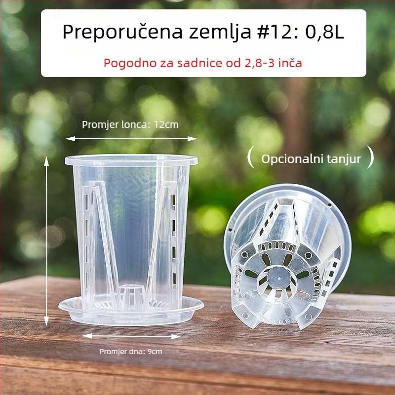 Lonac za orhideje s kontrolom korijena, proziran plastični, prozračan (izrađen injekcijskim oblikovanjem) – za zid, stol, pod ili za vješanje