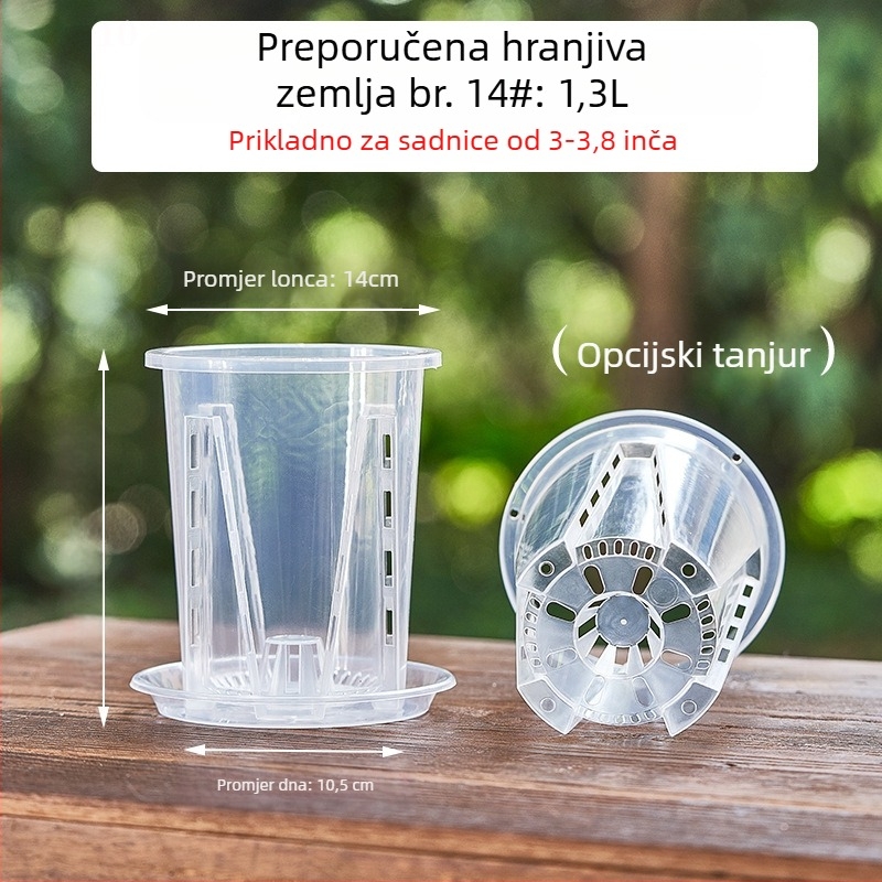 Lonac za orhideje s kontrolom korijena, proziran plastični, prozračan (izrađen injekcijskim oblikovanjem) – za zid, stol, pod ili za vješanje