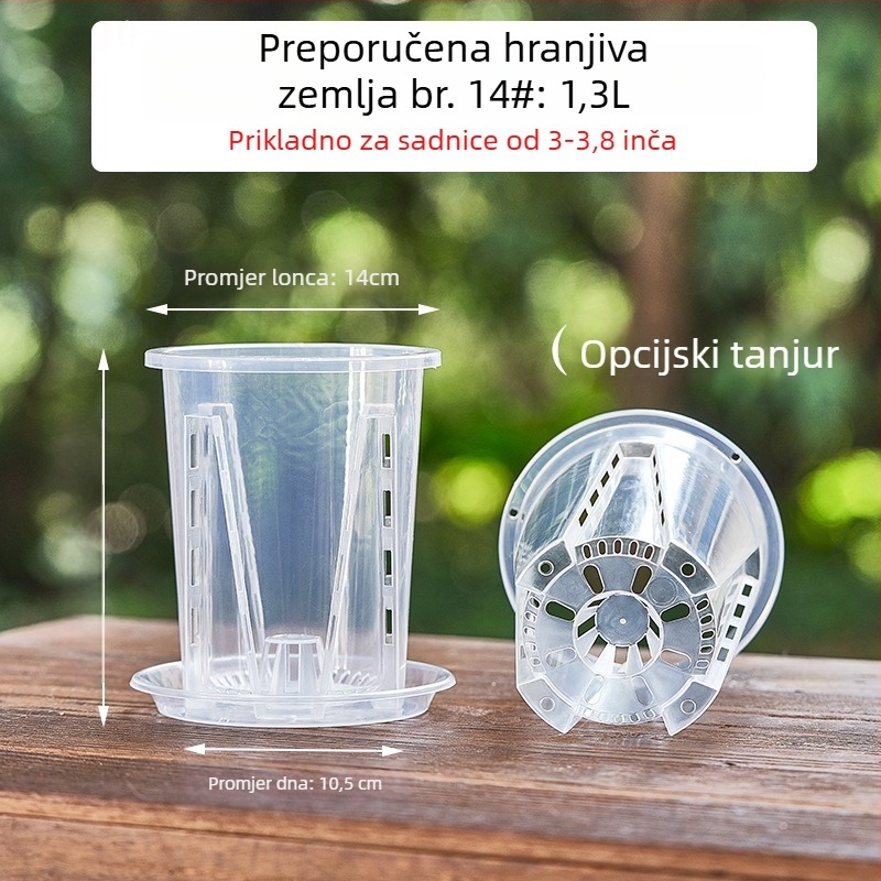Lonac za orhideje s kontrolom korijena, proziran plastični, prozračan (izrađen injekcijskim oblikovanjem) – za zid, stol, pod ili za vješanje