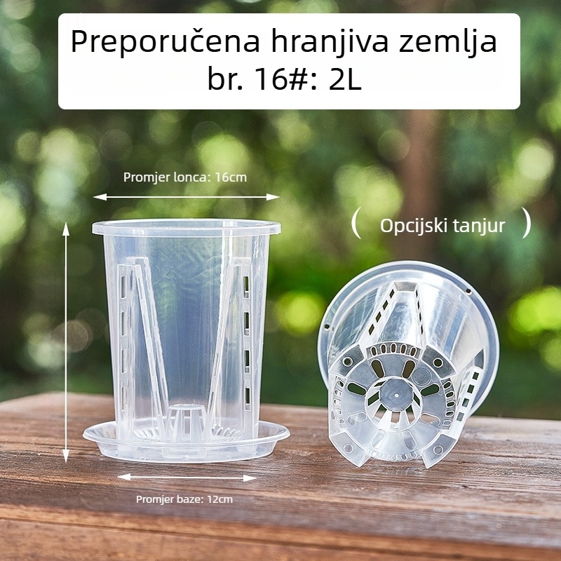 Lonac za orhideje s kontrolom korijena, proziran plastični, prozračan (izrađen injekcijskim oblikovanjem) – za zid, stol, pod ili za vješanje