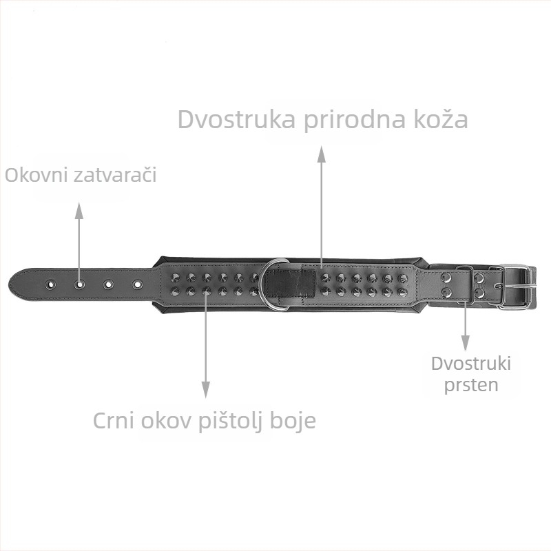Ovratnik za psa od prave kože sa šiljcima i niti, podstvoren zaštiti od ugriza
