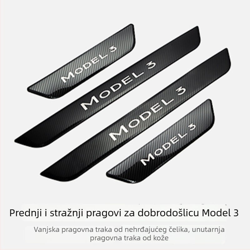 Tesla Model 3/Y Zaštitni prag vrata prednjih i stražnjih s zaštitnim filmom, kožnom unutrašnjom i vanjskom oblogom te nehrđajućim čeličnim pedalom dobrodošlice
