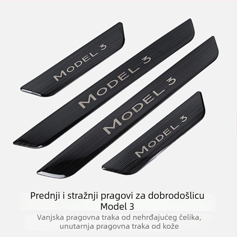 Tesla Model 3/Y Zaštitni prag vrata prednjih i stražnjih s zaštitnim filmom, kožnom unutrašnjom i vanjskom oblogom te nehrđajućim čeličnim pedalom dobrodošlice