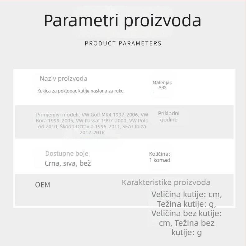 Kuka za naslonsku kutiju i pretinac VW Jetta Bora Golf 4 (1999-2005) – plastika – CZPINCHEN – Dio 3B0 868 445
