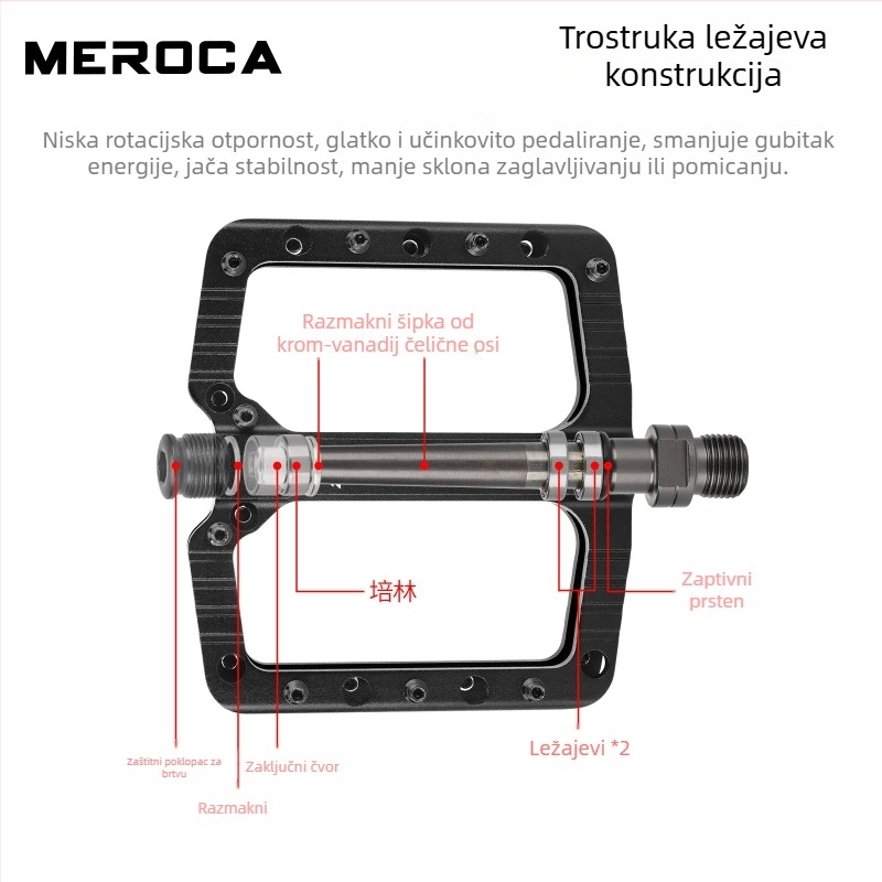 Meroca FR-25 pedale za MTB i cestovne bicikle – aluminijska legura, os od krom-molibden čelika, dutina velika pedala površina, protuklizna površina