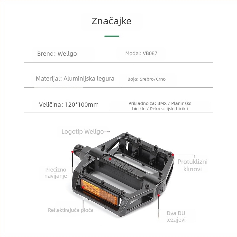 Wellgo pedale od aluminijske legure s automatskim podmaznim ležajevima i protukliznom površinom za glatko pedaliranje; kompatibilni su sa sklopivim biciklima i malim kotačnim vozilima.