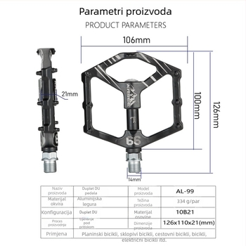 Peda za planinski bicikl K99 Foot – dvostruki DU zatvoreni ležajevi, tijelo od aluminijske legure, visoka čvrstoća, protuklizna površina, kompatibilan s planinskim, cestovnim i sklopnim biciklima