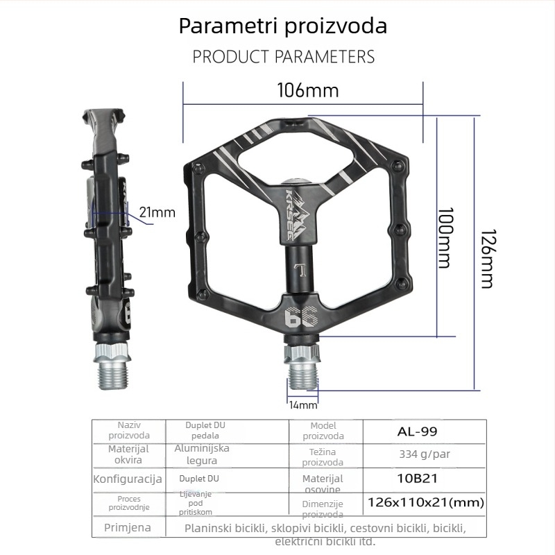 Peda za planinski bicikl K99 Foot – dvostruki DU zatvoreni ležajevi, tijelo od aluminijske legure, visoka čvrstoća, protuklizna površina, kompatibilan s planinskim, cestovnim i sklopnim biciklima