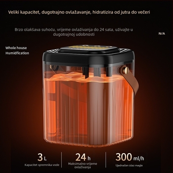 Vlaživač zraka s tri mlaznice magle, velik spremnik vode 2.6–4.0 L, tih rad, USB napajanje, pogodan za 10–20 m²
