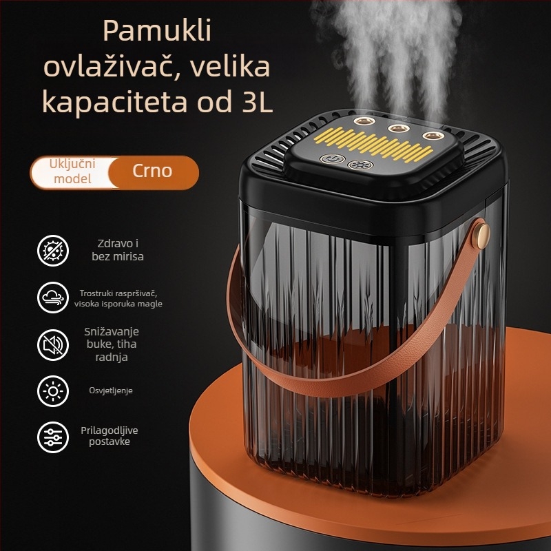 Vlaživač zraka s tri mlaznice magle, velik spremnik vode 2.6–4.0 L, tih rad, USB napajanje, pogodan za 10–20 m²