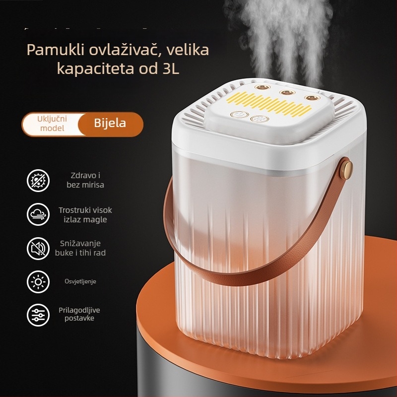Vlaživač zraka s tri mlaznice magle, velik spremnik vode 2.6–4.0 L, tih rad, USB napajanje, pogodan za 10–20 m²