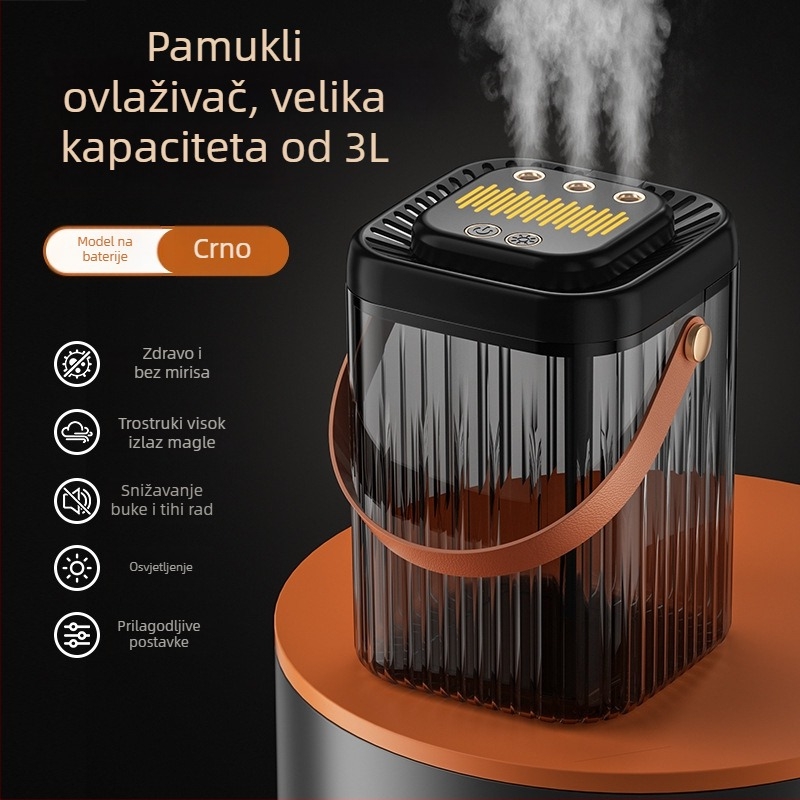 Vlaživač zraka s tri mlaznice magle, velik spremnik vode 2.6–4.0 L, tih rad, USB napajanje, pogodan za 10–20 m²