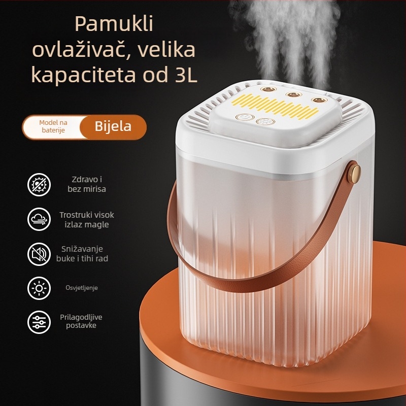 Vlaživač zraka s tri mlaznice magle, velik spremnik vode 2.6–4.0 L, tih rad, USB napajanje, pogodan za 10–20 m²