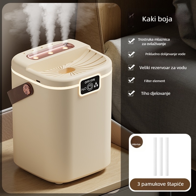 Vlaživač zraka s tri mlaznice magle, velik spremnik vode 2.6–4.0 L, tih rad, USB napajanje, pogodan za 10–20 m²