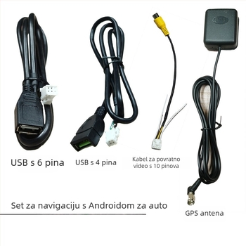 Android automobilska navigacija kabel komplet s napajanjem, USB, RCA, 4‑pin/6‑pin konektorima, GPS antenom i kabelom za obrnuto vožnju