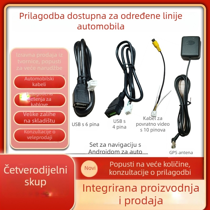 Android automobilska navigacija kabel komplet s napajanjem, USB, RCA, 4‑pin/6‑pin konektorima, GPS antenom i kabelom za obrnuto vožnju