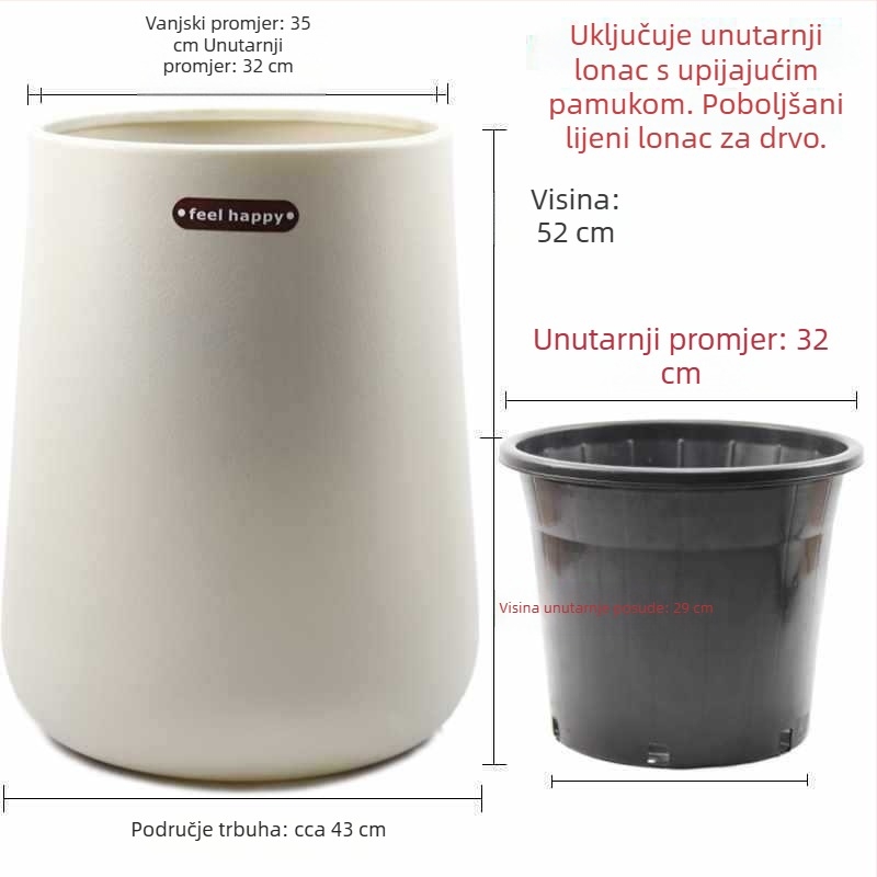 Plastična posuda za unutarnje biljke s velikim promjerom, rimskog stila, ojačana za kućnu upotrebu u dnevnom boravku