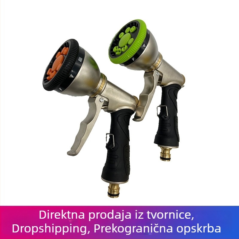 Kromirani višenamjenski vodeni pištolj, 9 funkcija, prednji okidač, za pranje automobila, metalno zlatna i zelena