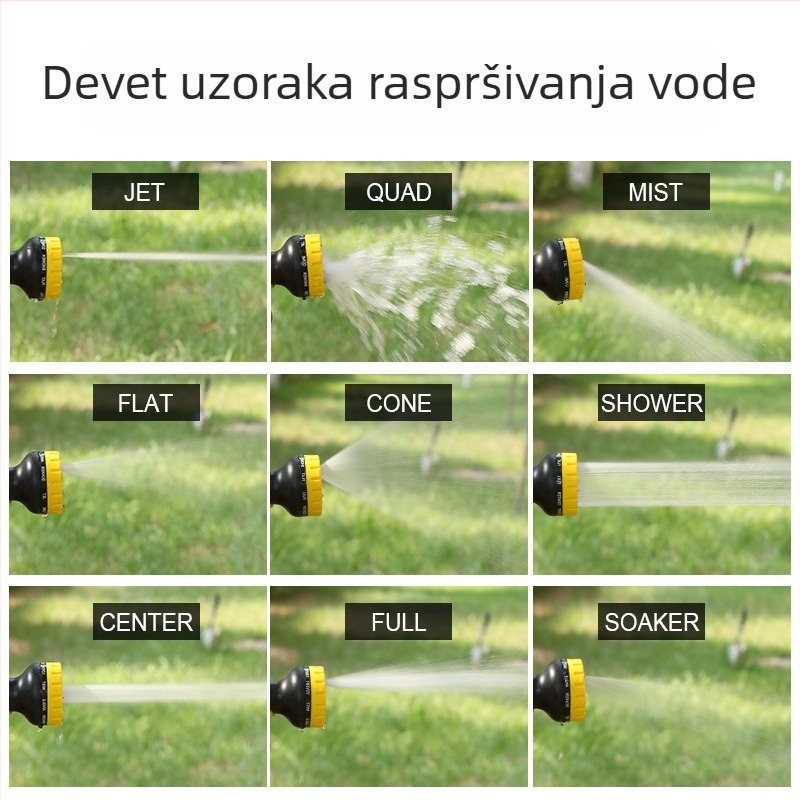 Osmofunkcijski pištolj za zalijevanje vrta i pranje auta, ABS glava, PP ručka, gumom prekrivena površina, podesivo raspršivanje