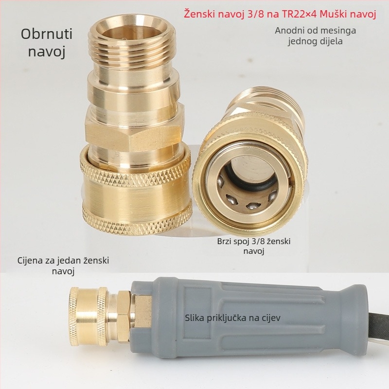 Adapter za vodeni pištolj za pranje auta — TR22 na veliki muški konektor, glava pištolja i držač od nehrđajućeg čelika i mesinga, tlak 300, domet prskanja 10