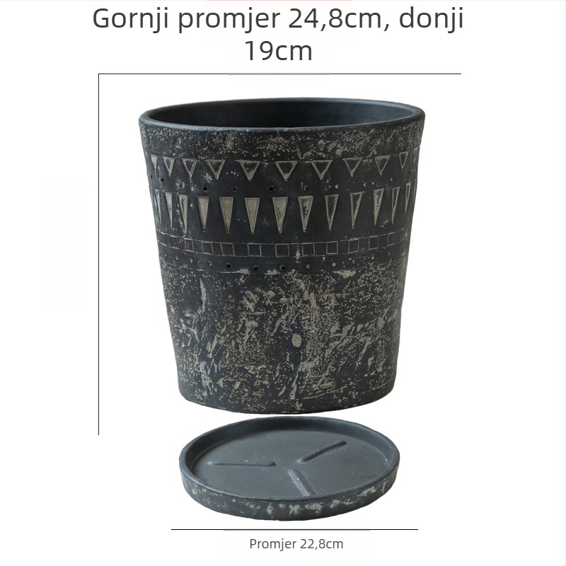 Cementni lonac za cvijeće, minimalistički vintage dizajn, prozračan, čvrst i otporan na koroziju, s reljefnim etničkim uzorkom, za stol ili pod.
